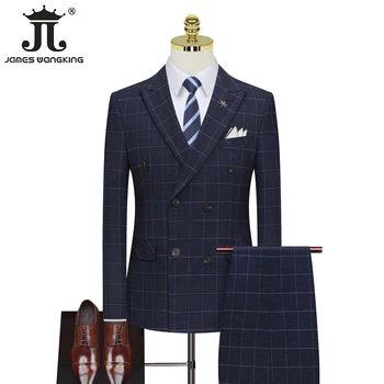 ( Blazer + mellény + nadrág ) Brand Business kockás férfi formális öltöny 3pce szett vőlegény esküvői ruha dupla mellű karcsú üzleti öltöny