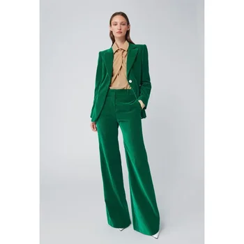 Divat zöld bársony nadrág szett Chic Peak hajtóka Egygombos blézer viseljen elegáns formális alkalmi irodai hölgy szettek nőknek 2 részes