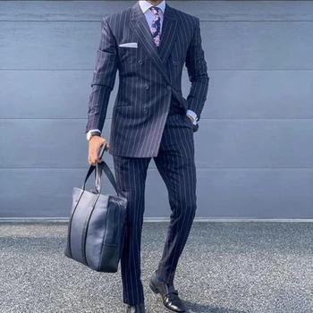 Navy Blue Pinstripe férfi öltöny 2023 Dupla mellű szmokingok férfiaknak Slim Fit 2 részes formális üzletember férfi ruházati jelmez Homme