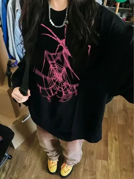 Spider Web Gótikus Punk stílusos pamut hosszú ujjú póló Női design High Street Black Shirt Trend Grunge 2000-es évek esztétikus felsők
