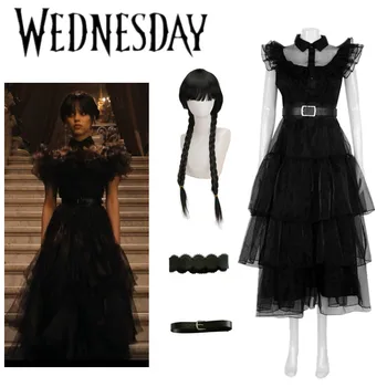 Wednesday Addams Cosplay Black Dance Géz ruha Jelmez Paróka Thing Hand Vintage gótikus party ruha Női Lány karácsony