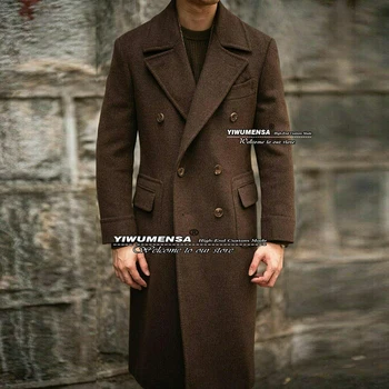 Őszi/téli gyapjú öltönykabátok Barna tweed keverék Hosszú kabát Férfi egyedi gyártású vőlegények Kabát Blézer Hivatalos esküvői szmoking, 2022